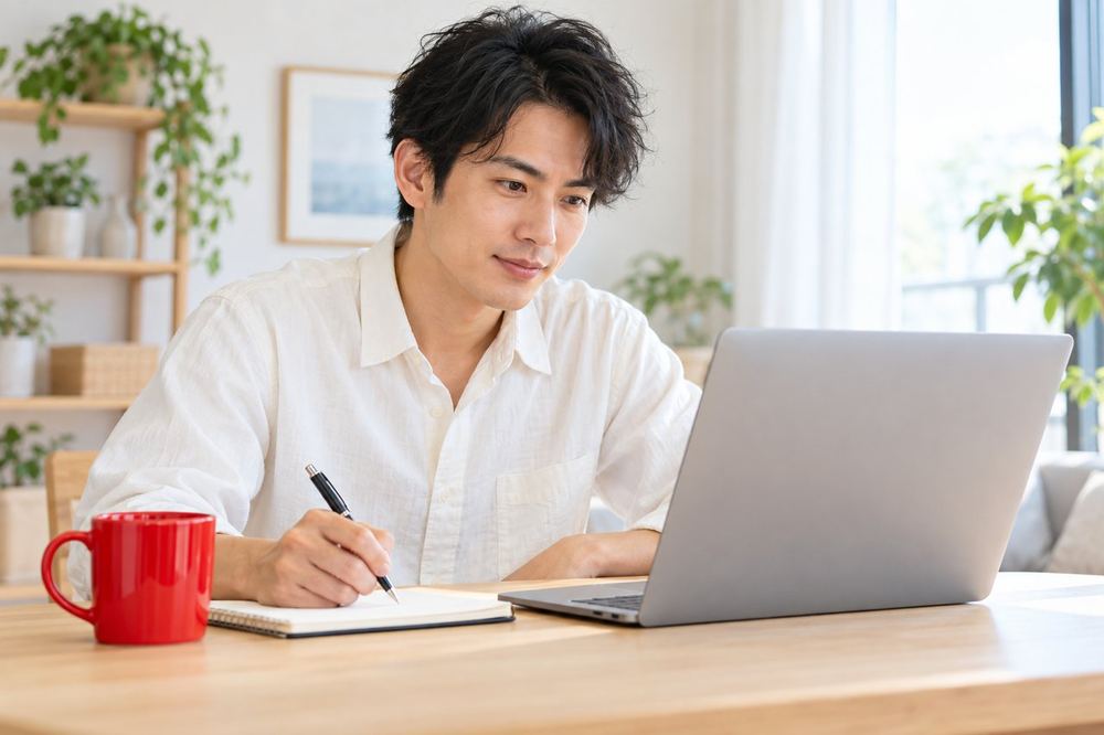 30代の男性がパソコンの画面で公式ページを開き、配信の条件の一覧をメモしながら確かめている