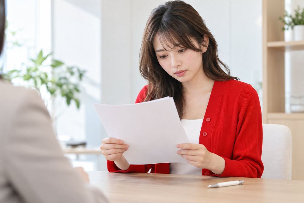20代の女性が面談の席で、渡された書類を手に取り、すぐにはサインせずに内容を読み込んでいる