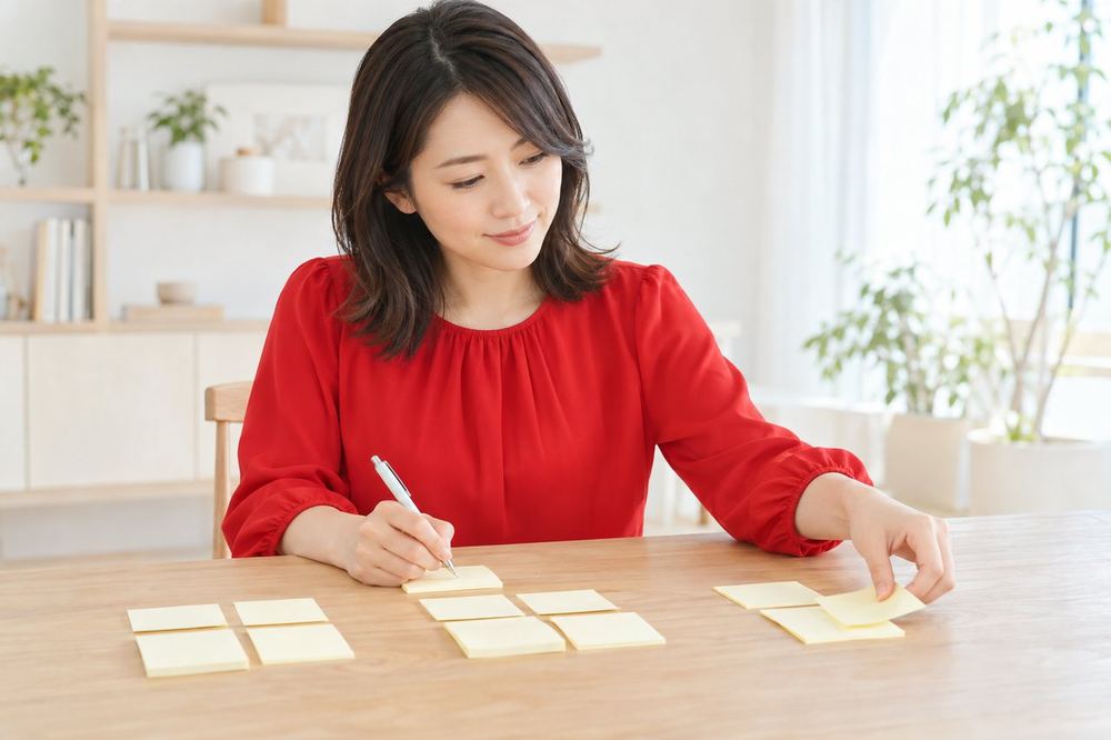 30代の女性が付箋に悩みごとを書き、相談先ごとに机の上で仕分けている