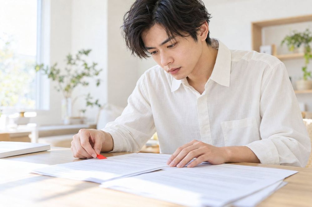 20代の男性が部屋で契約書を机に広げ、解約の条件が書かれた箇所に付箋を貼って確かめている