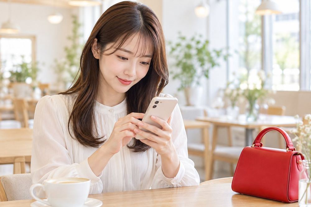 20代の女性がカフェで、スマホの画面を見ながらLINEで質問を書いている