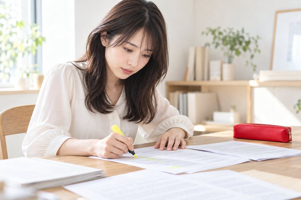 20代の女性が部屋の机で契約書の控えを広げ、お金に関する言葉の部分にマーカーで印をつけながら読んでいる