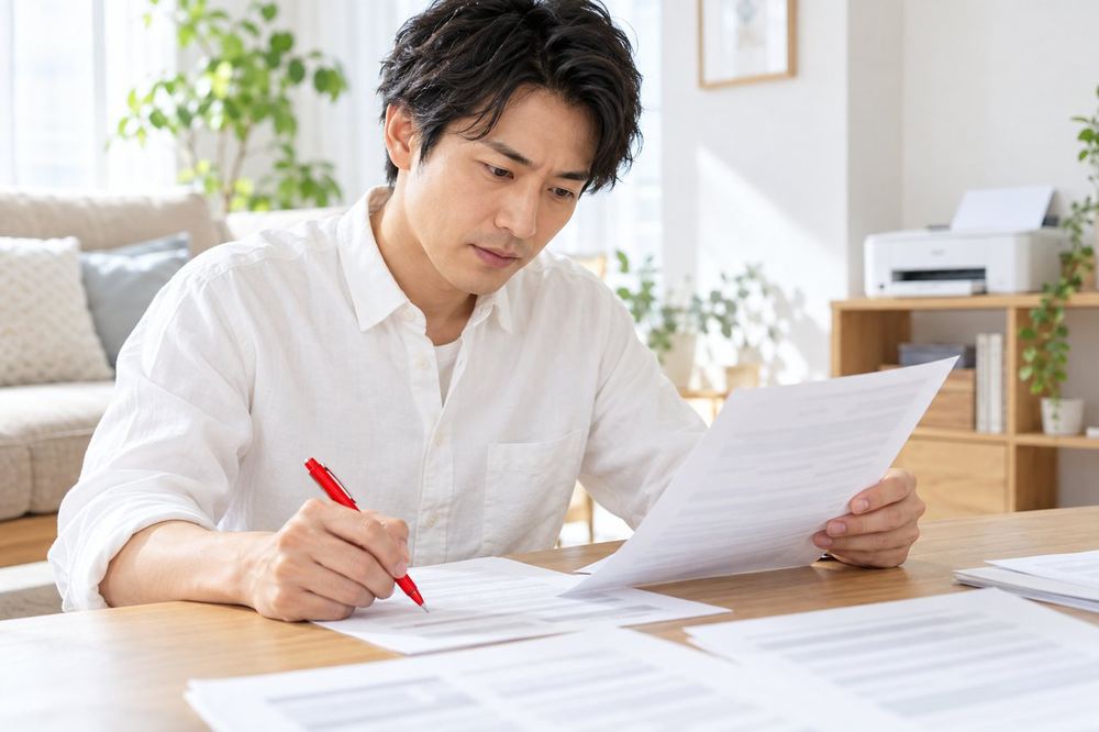 30代の男性がリビングで、相談窓口の発表資料を印刷して、気になる事例に線を引きながら読んでいる