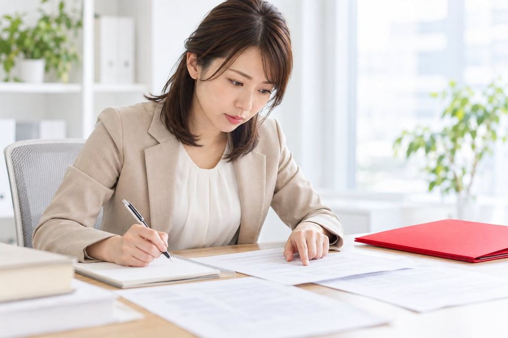 スーツ姿の30代の女性が机に法律の資料を広げ、条文の写しを指でなぞりながらメモを取っている