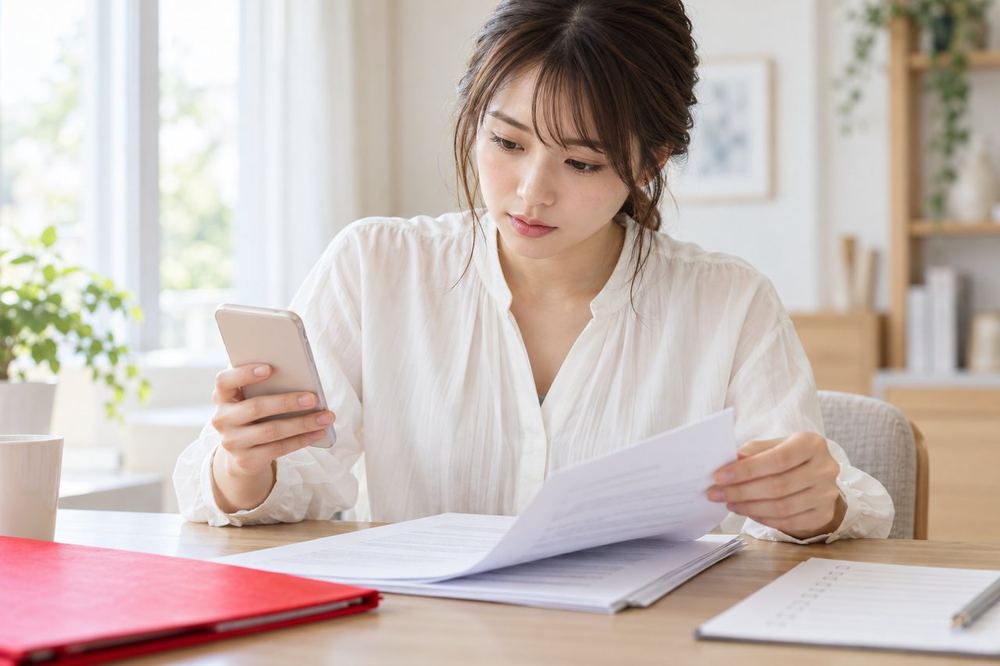 20代の女性が机でスマホのメモとチェックリストを見ながら、契約書の各ページを順番に確認している