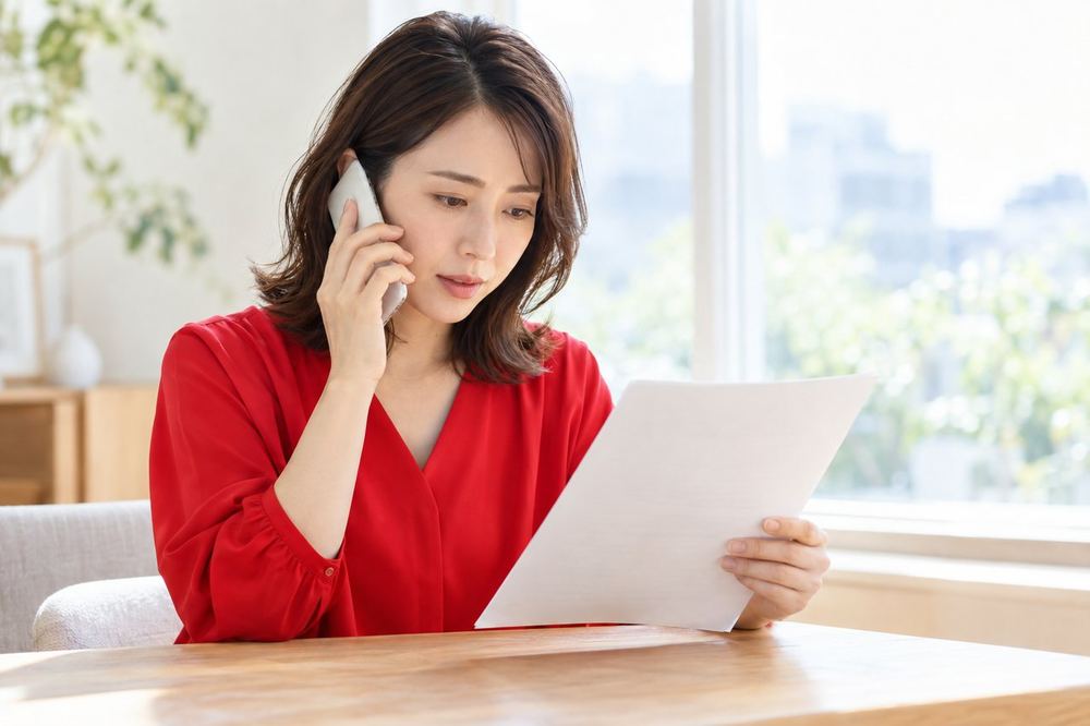 30代の女性が窓際でスマホを耳に当て、相談窓口に電話をしながら、手元の契約書の控えを見ている