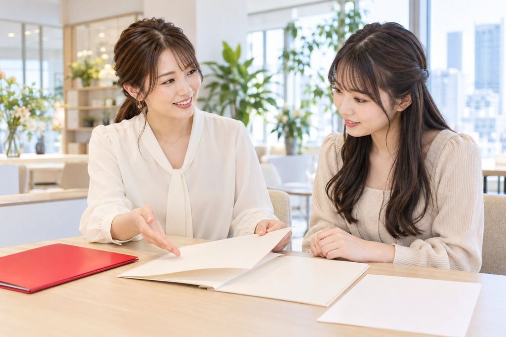 明るいオフィスで、ライバー経験のある女性のマネージャーが、20代の女性に契約の流れを説明している
