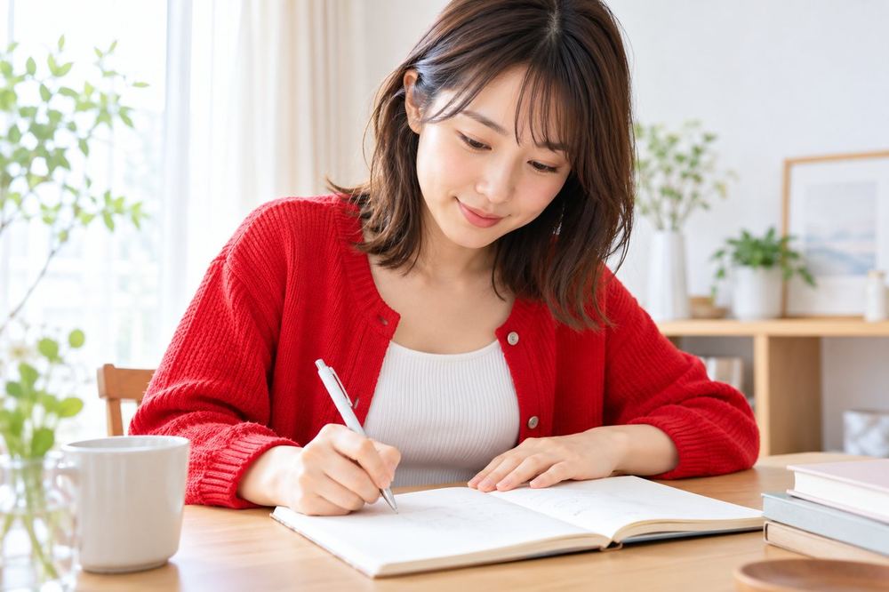 明るい部屋で女性がノートに3つの項目を書き分け、ライバー事務所の説明を整理している