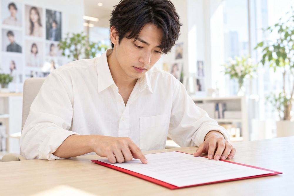 机の上で、男性が契約書の項目を指でたどりながら、配信日数や報酬に関する条文を確かめている