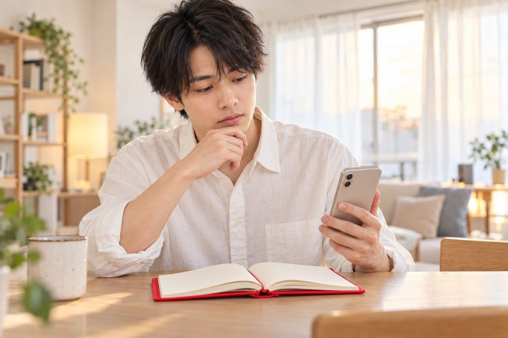 夕方の部屋で男性が手帳を開き、体調が悪い日と配信予定の調整を、事務所への連絡文として考えている