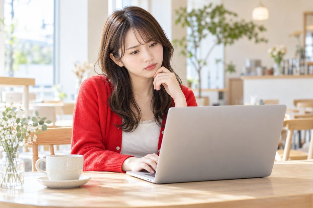 20代の女性がカフェの席でノートパソコンを開き、いくつかの事務所のサイトを見比べて首をかしげている