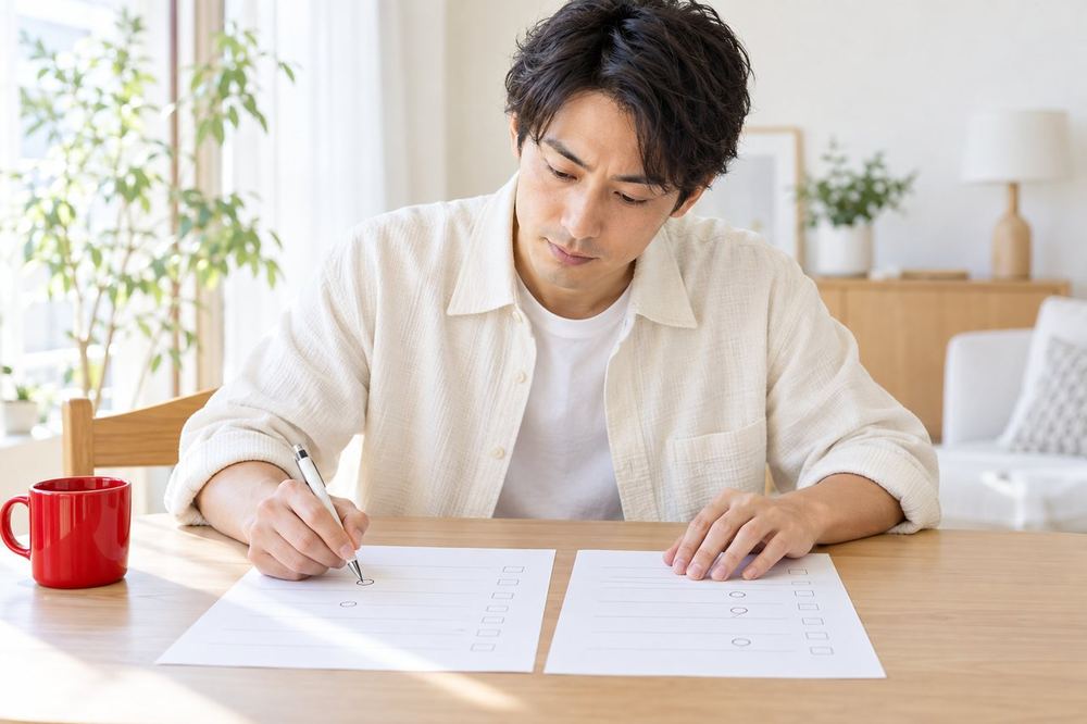 30代の男性が机の上で二つの資料を左右に並べ、項目ごとに丸をつけながら見比べている