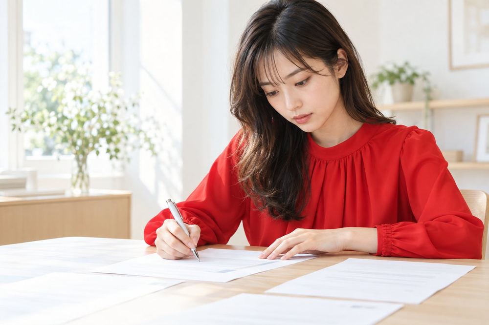 20代の女性が机で契約書の資料を広げ、ペンで気になる箇所に印をつけながら読んでいる