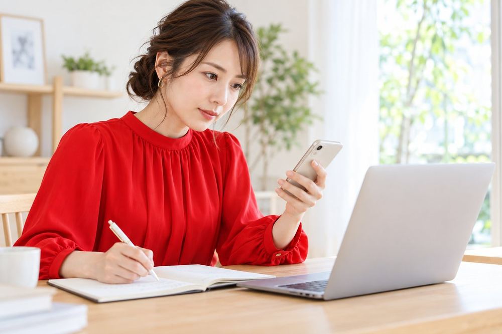 30代の女性がデスクでスマホとノートパソコンを見比べながら、調べた内容をメモにまとめている