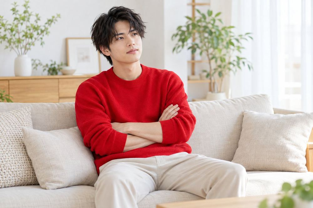 20代の男性がソファで腕を組み、自分の状況に合う事務所の条件を頭の中で整理している