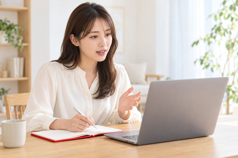 20代の女性がデスクでメモを見ながら、オンライン面談で一つずつ質問をしている