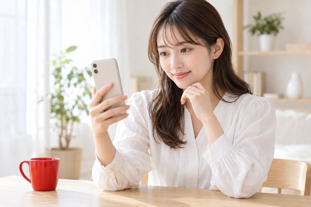 20代の女性がデスクでスマホを見ながら、落ち着いた表情でオンラインの面談に参加している