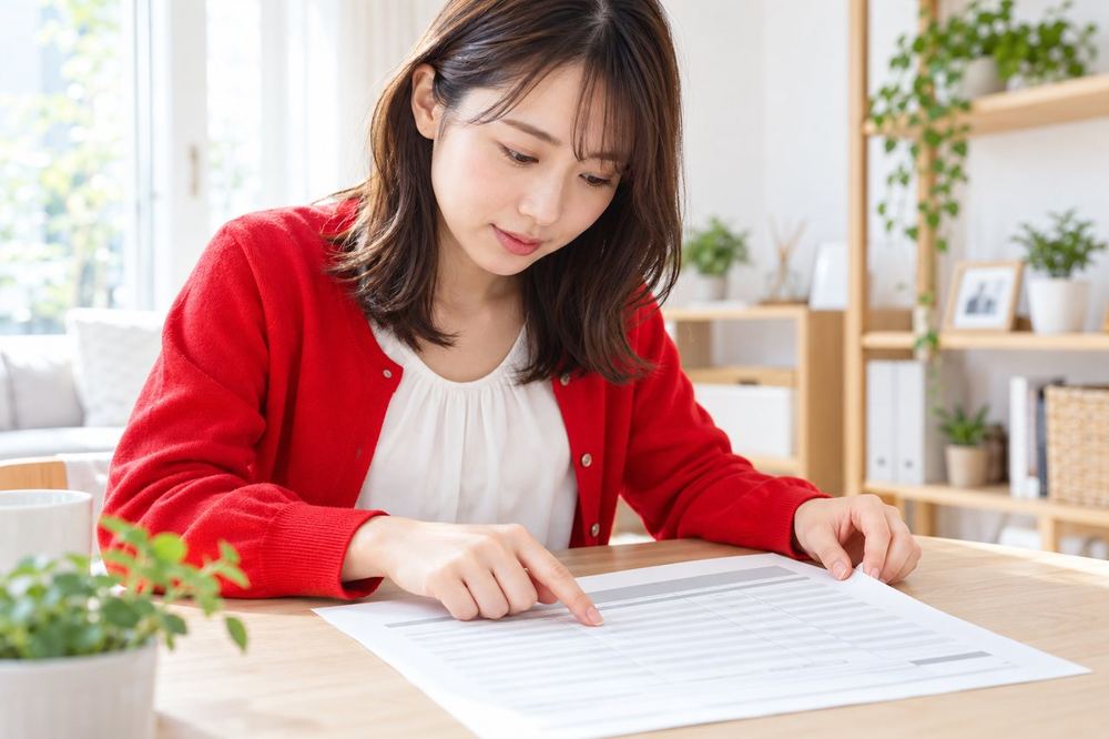 20代の女性が自宅の机で、事務所から届いた説明資料の金額の欄を指でなぞりながら読んでいる
