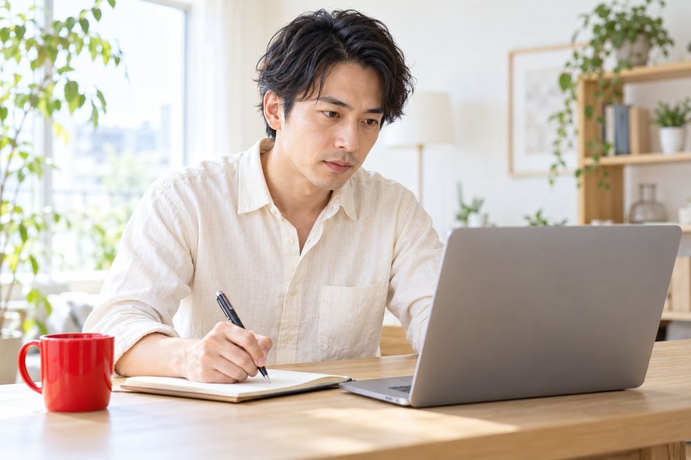 30代の男性がパソコンで公的機関の注意喚起のページを開き、事例の内容をメモに書き出している