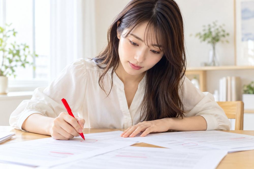 20代の女性が机の上で契約書の書面を広げ、赤ペンで確認したい箇所に印をつけている