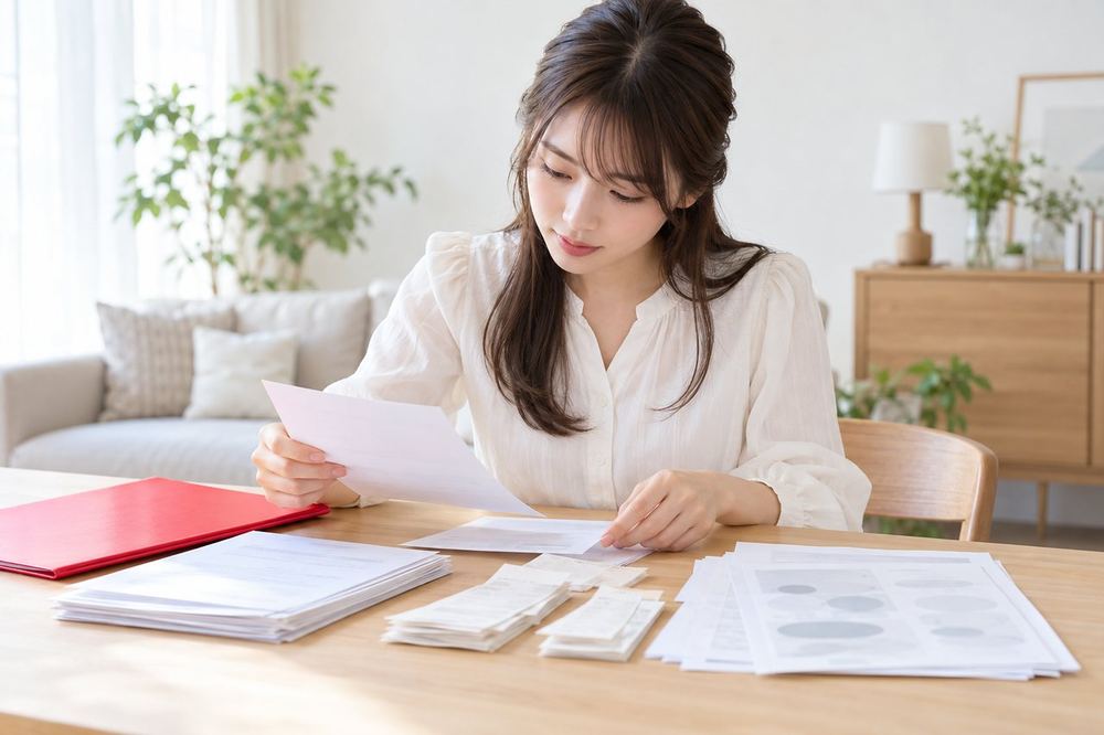 20代の女性が机で契約書や領収書、メッセージのスクリーンショットを並べて整理している