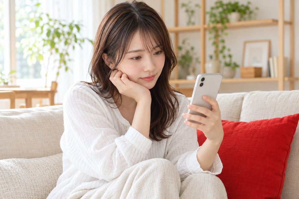 20代の女性が自宅のソファでスマホを手に、落ち着いた表情で応募のメッセージを読み返している