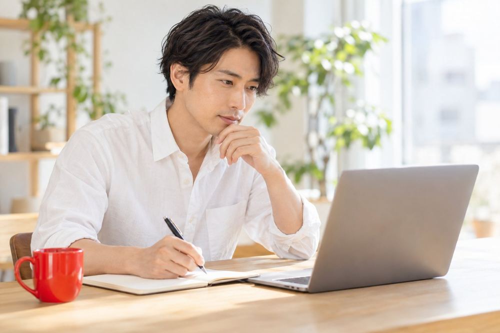 男性がノートパソコンの前で、事務所の会社概要のページを見ながらメモを取っている
