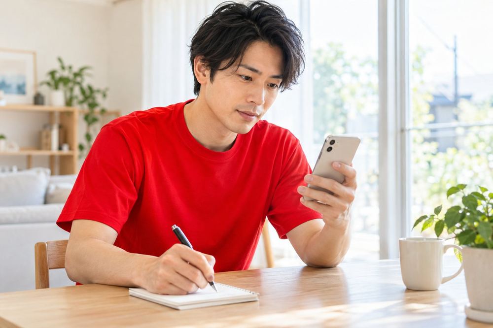 男性が自宅の机で、スマホの画面を見ながら手元のメモに手順を書き出している