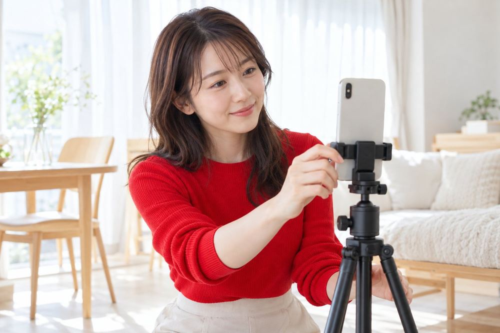 女性が明るい部屋でスマホを三脚に立てて、配信の画面の映り方を確かめている