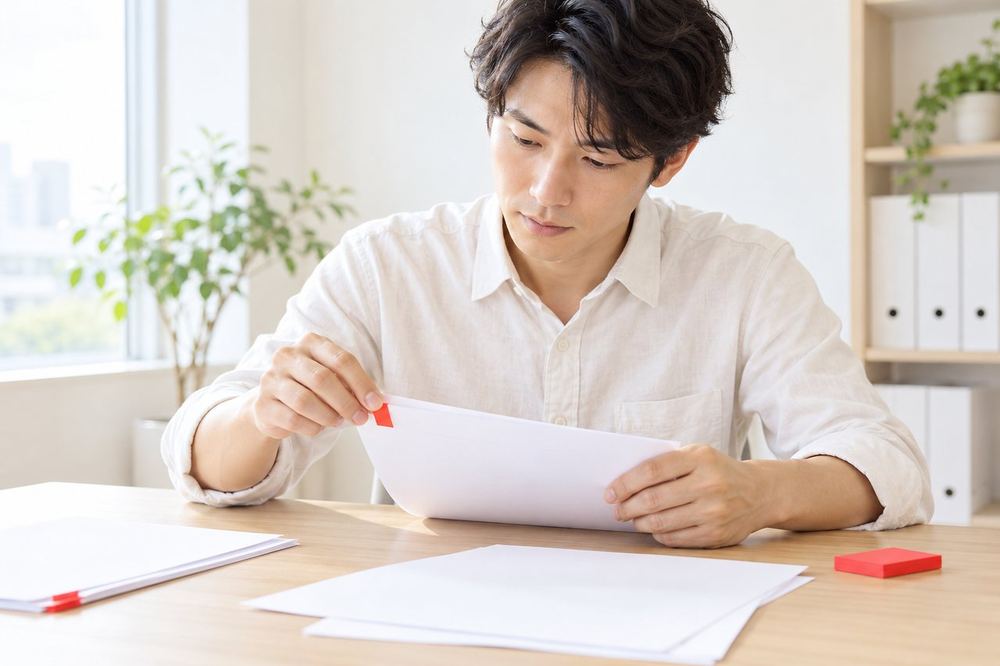 男性が机で契約書を一枚ずつ読みながら、気になる箇所に付箋を貼っている