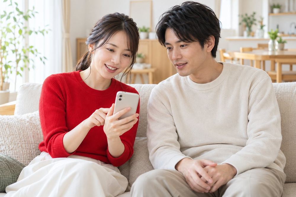 女性が自宅のソファで、スマホを見ながら家族と一緒に契約の内容について話している