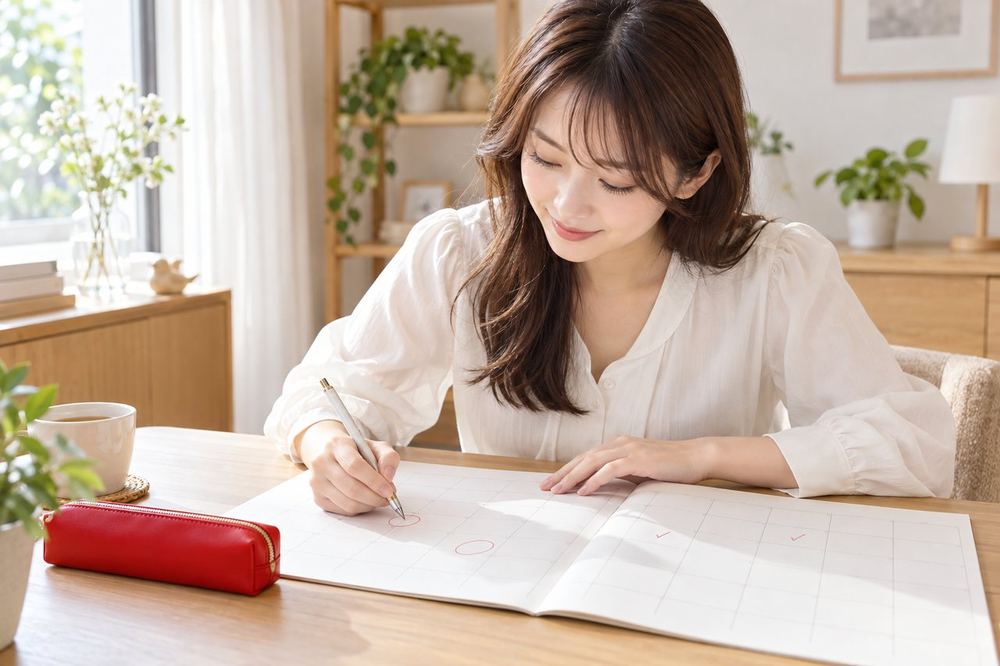 女性が机でカレンダーを広げ、配信を始めた月と税金の時期をペンで書き込んでいる