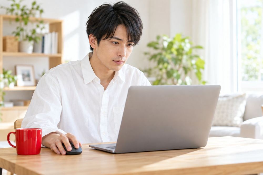 男性がパソコンの前で、市役所の申告のページを開き、自分の場合に当てはまる項目を確認している