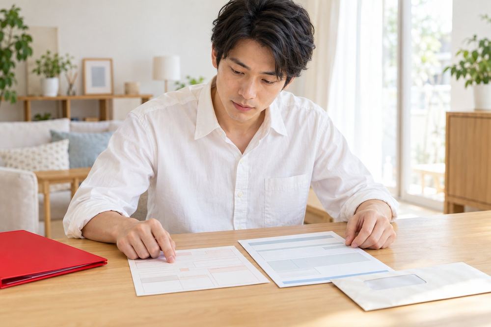 男性が自宅の机で、市役所から届いた納付書と通知書を並べて、納める時期を確かめている