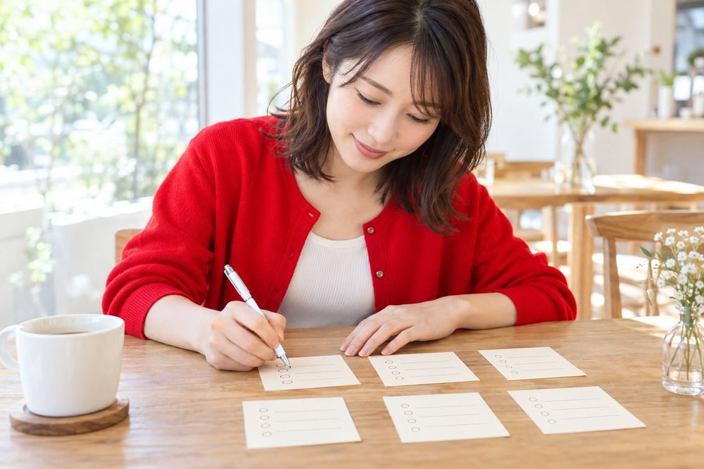 女性がカフェのテーブルで、状況別に分けたメモを見ながら、自分に当てはまる項目に印をつけている