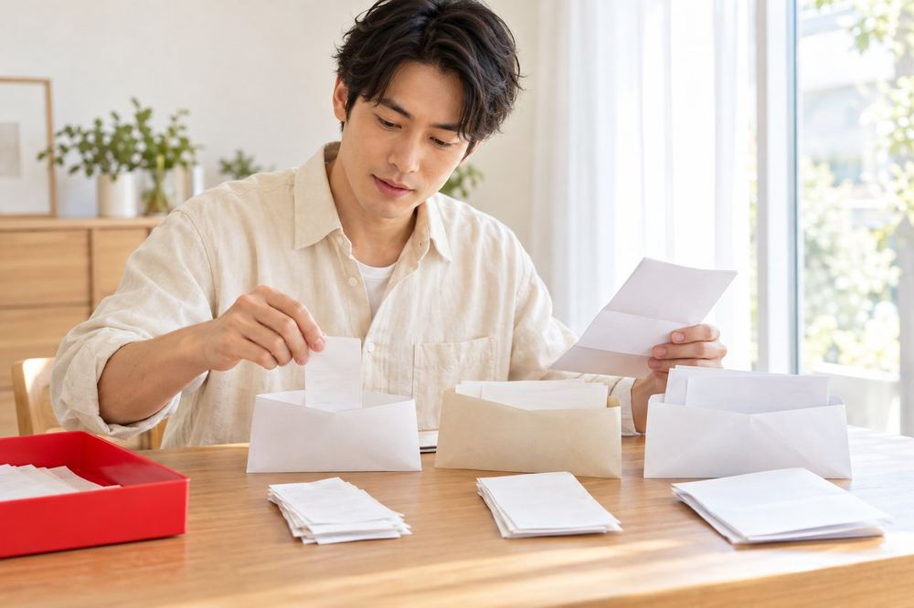 男性が机の上で、領収書と報酬の記録、源泉徴収票を封筒に分けて整理している