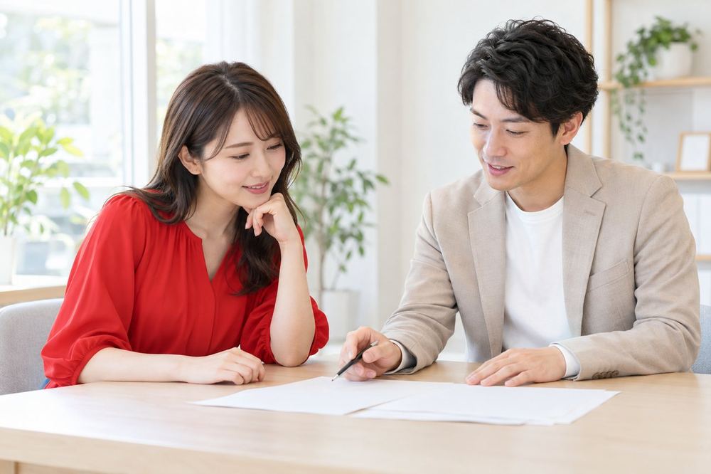 女性が明るい部屋で、税理士と向かい合い、資料を見ながら税金について相談している