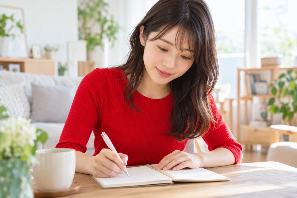 20代の女性が自宅のテーブルでノートを開き、配信の収入のことで確かめたい項目を箇条書きにしている