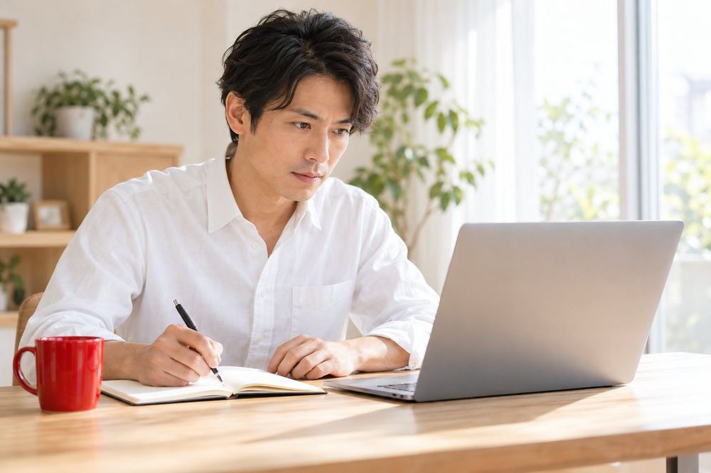 30代の男性が机の上でノートパソコンを開き、税務署の手続きの案内ページを読みながらメモを取っている