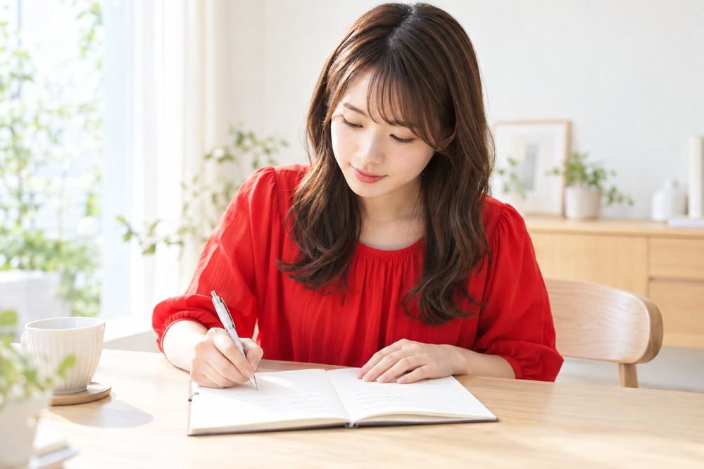 20代の女性が机でノートに二つの列を書き、収入の種類ごとの違いを比べながら整理している