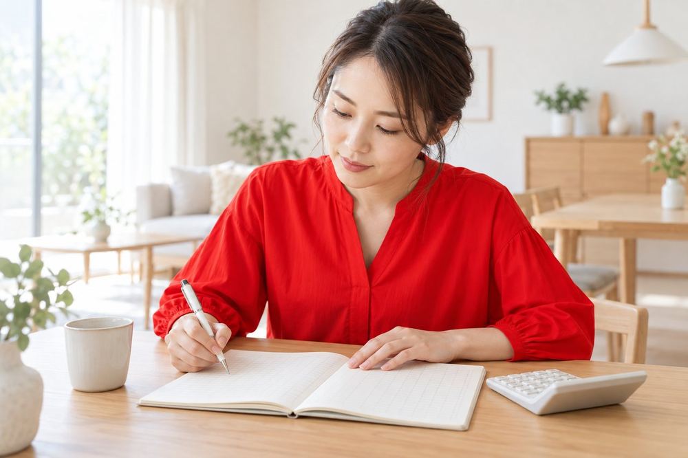 30代の女性がダイニングテーブルで帳簿のノートと電卓を並べ、一か月の収入と経費を表にまとめている