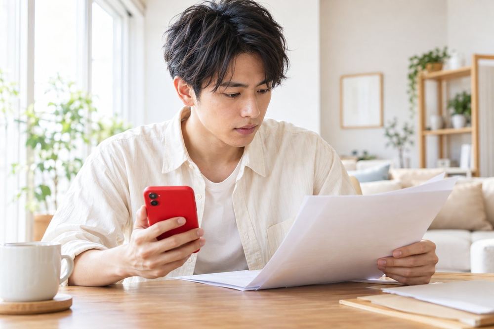 20代の男性が自宅の机で、勤め先の就業規則のプリントとスマホの収入メモを並べて見比べている