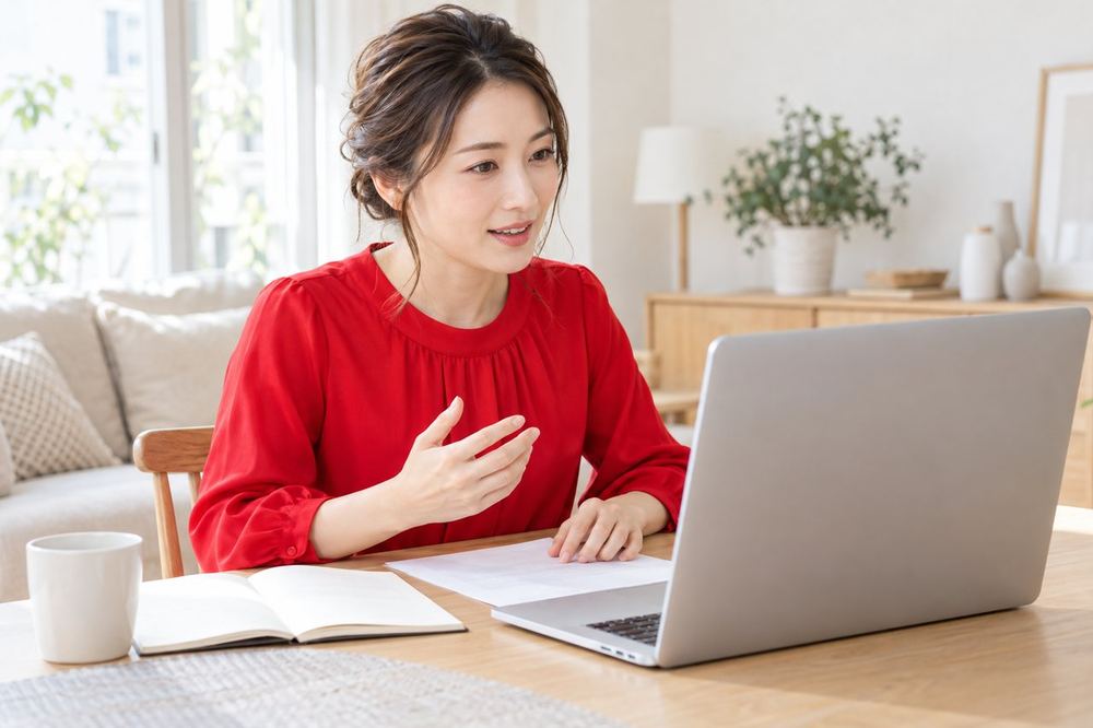 30代の女性が明るい部屋で、書類とノートパソコンを前に、税理士らしき人と画面越しに話をしている