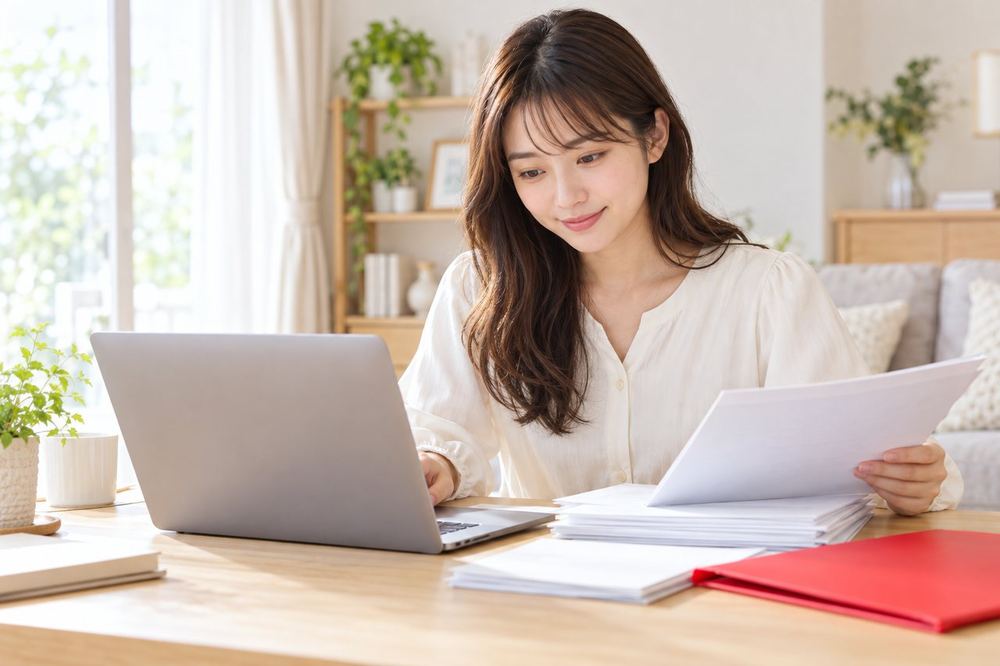 自宅の机でノートパソコンを開いて、1年間の収入の記録を見返している20代の女性