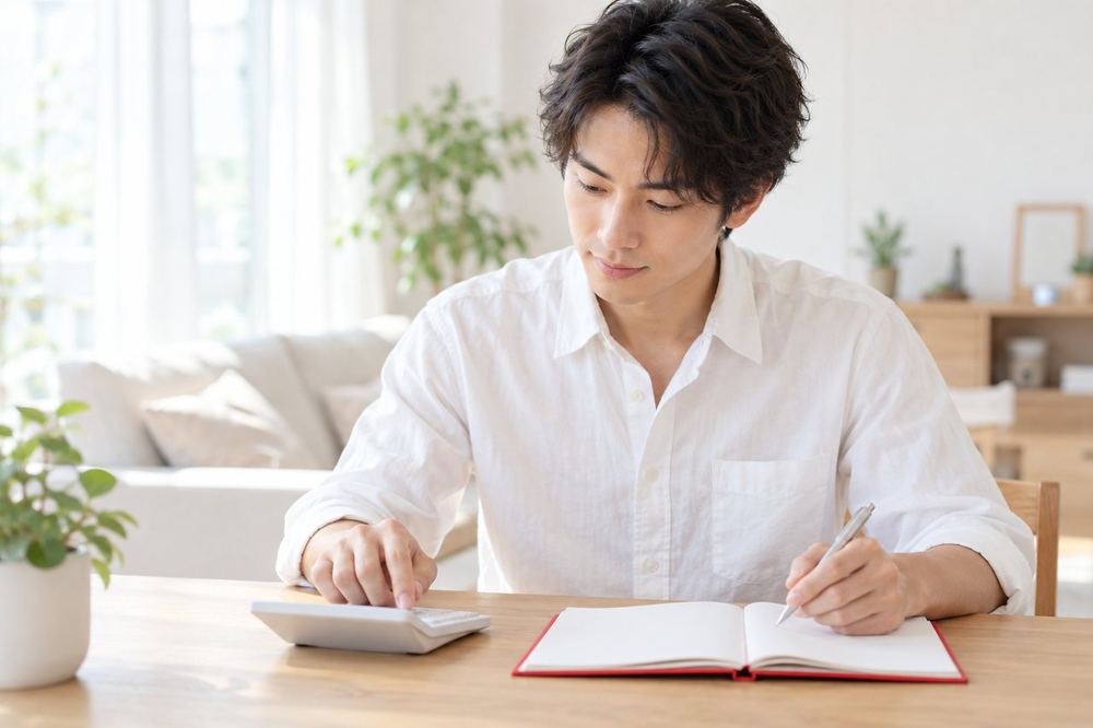 電卓とノートを机に並べて、収入から経費を引く計算をしている男性