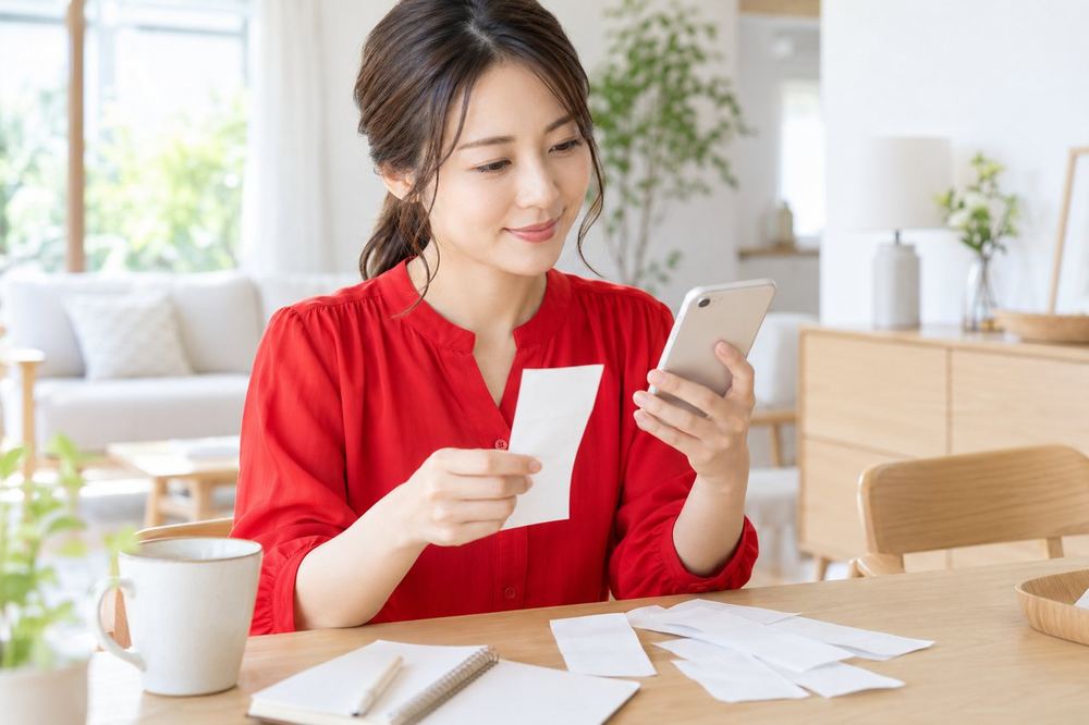 領収書とスマホの画面を見比べながら、家計簿アプリに入力している女性