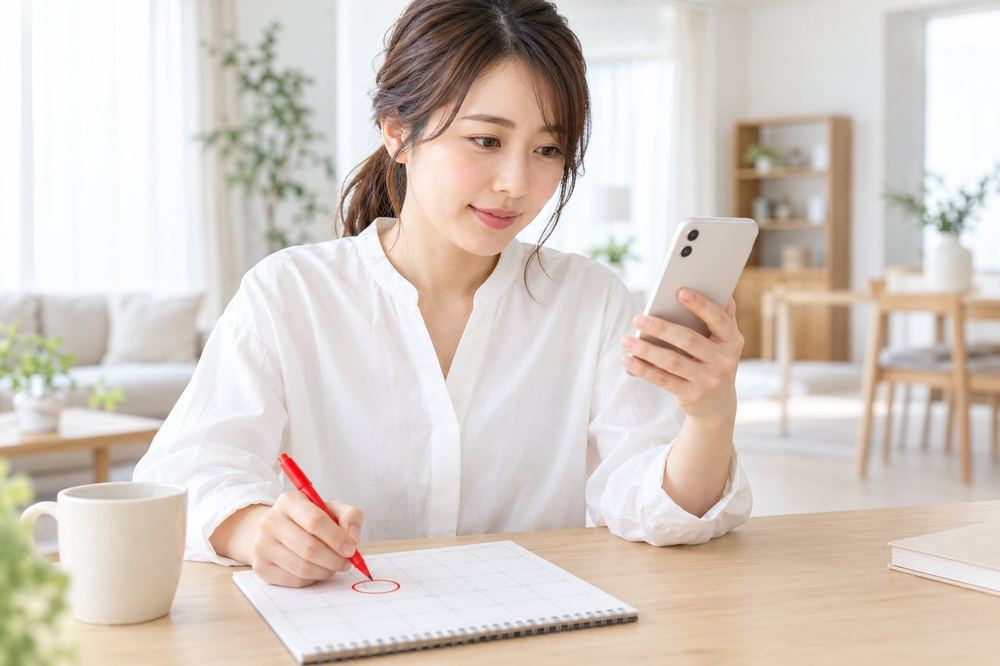カレンダーに手書きで期限の印をつけながら、スマホで申告の方法を調べている女性