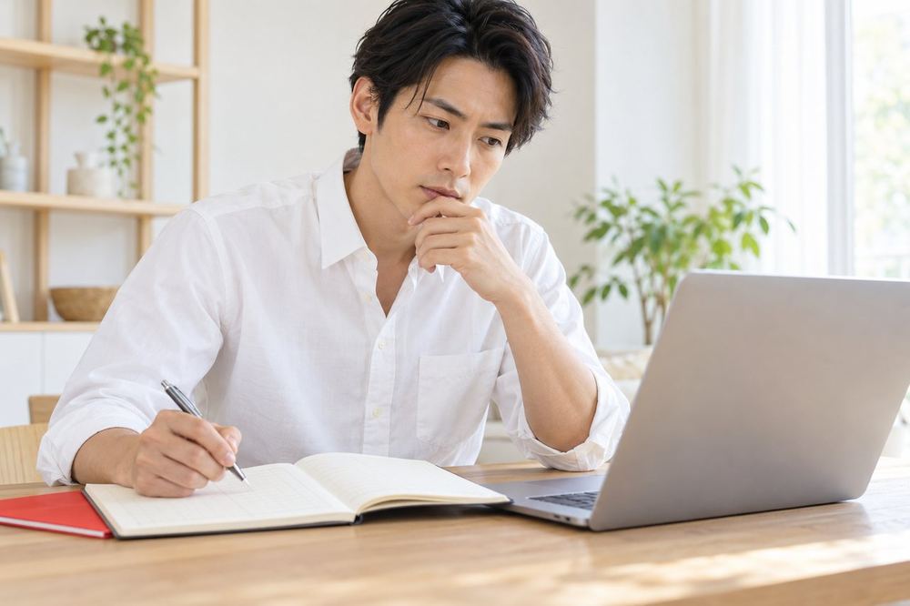 机の上の帳簿ノートとパソコンを見比べながら、記帳の方法を選んでいる男性