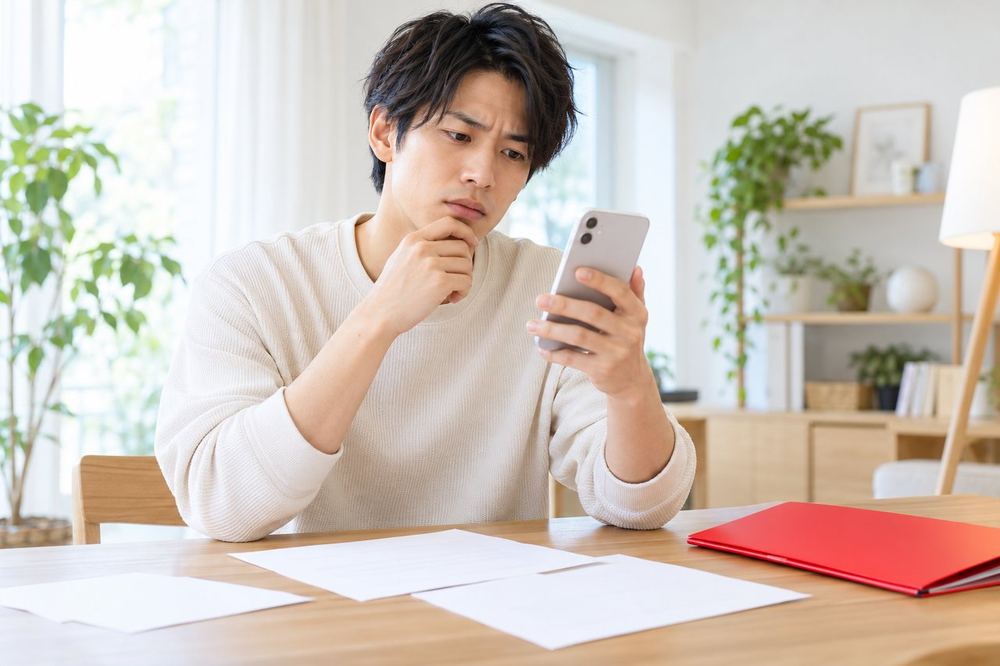 書類を前に少し困った表情で、スマホを手にして相談先を探している若い男性
