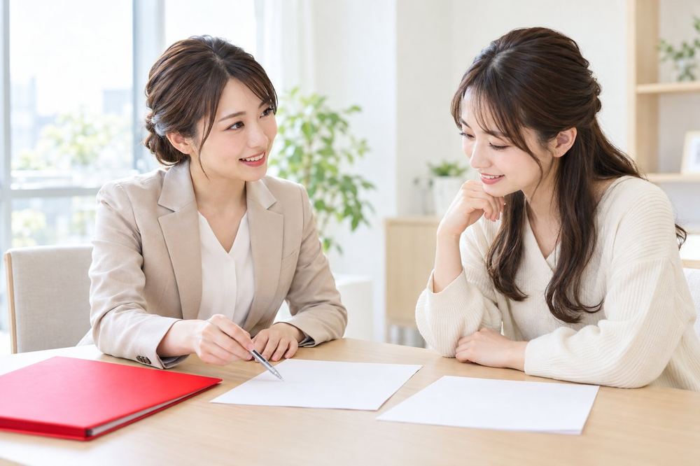 明るい相談スペースで、スーツ姿の女性の税理士と私服の女性が書類を挟んで話している